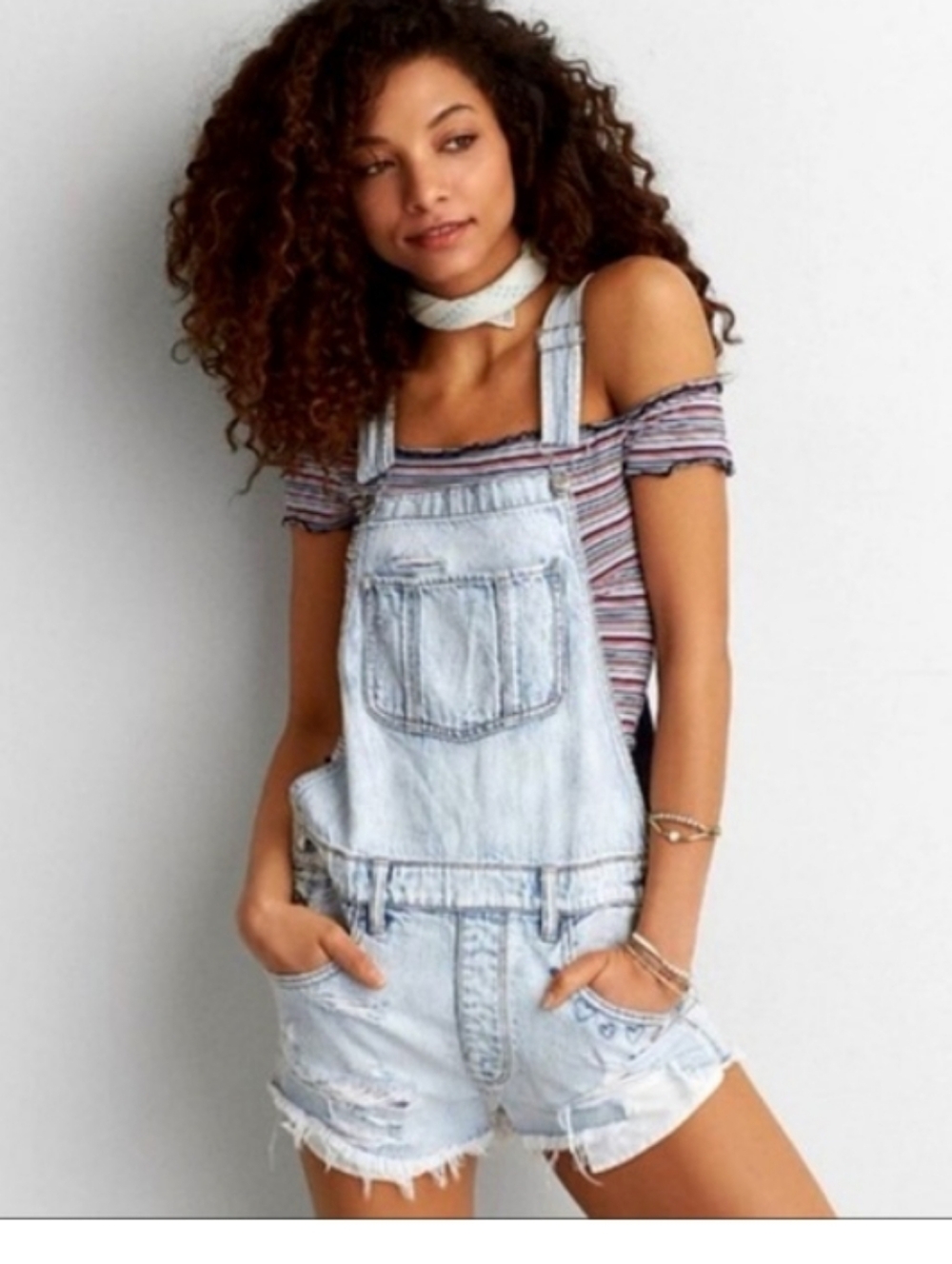 American Eagle Outfitters "Be Still My Heart" Denim Shortalls Light Wash Large